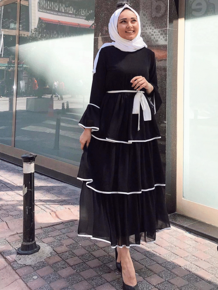 Alternative view of Vibrant turkish Muslim Dress – Flowing Cake Skirt with Elegant Trumpet Sleeves