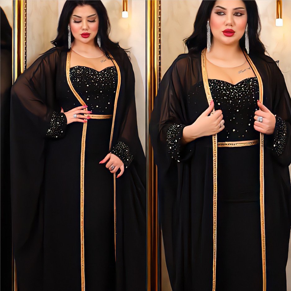 best 2 Piece Set Long Dress Summer Autumn,Traditional African Clothing Fairy Dress, abaya coat style - XXL , Black