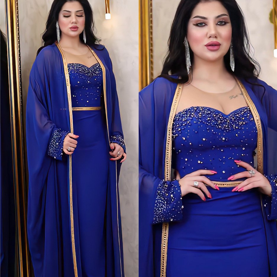 best 2 Piece Set Long Dress Summer Autumn,Traditional African Clothing Fairy Dress, abaya coat style - XXL , Blue