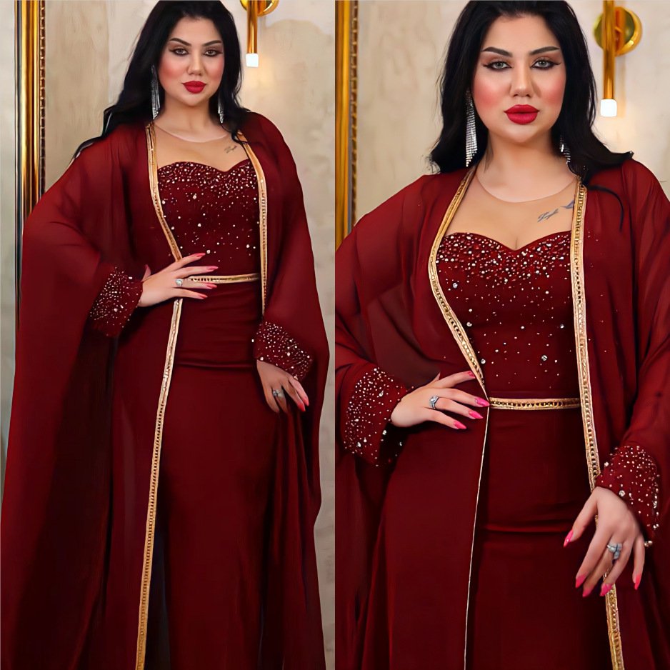best 2 Piece Set Long Dress Summer Autumn,Traditional African Clothing Fairy Dress, abaya coat style - M , Wine Red
