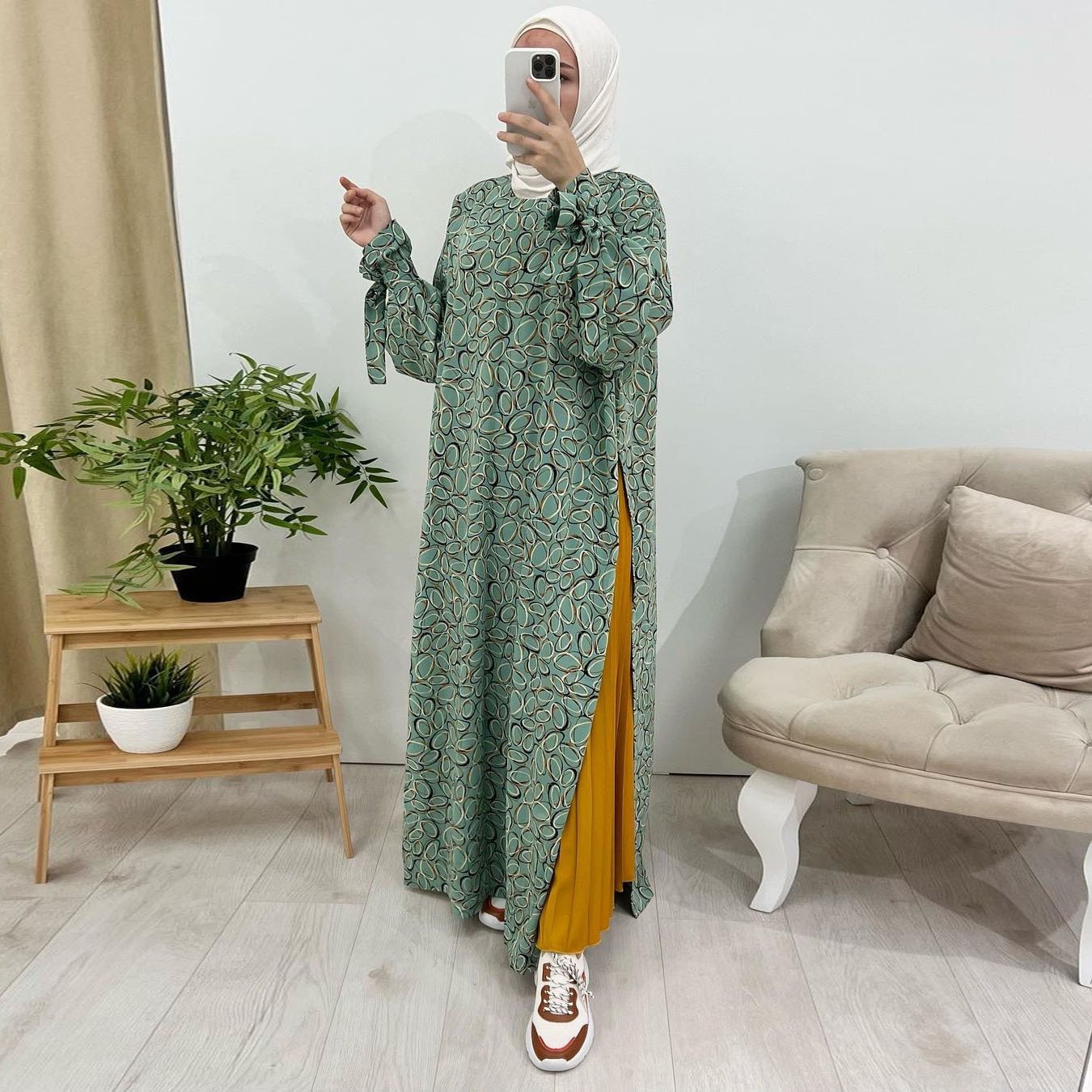Women's Fashion Robe Casual Long closed abaya Dress - M , IQ480 Green Printed Dress