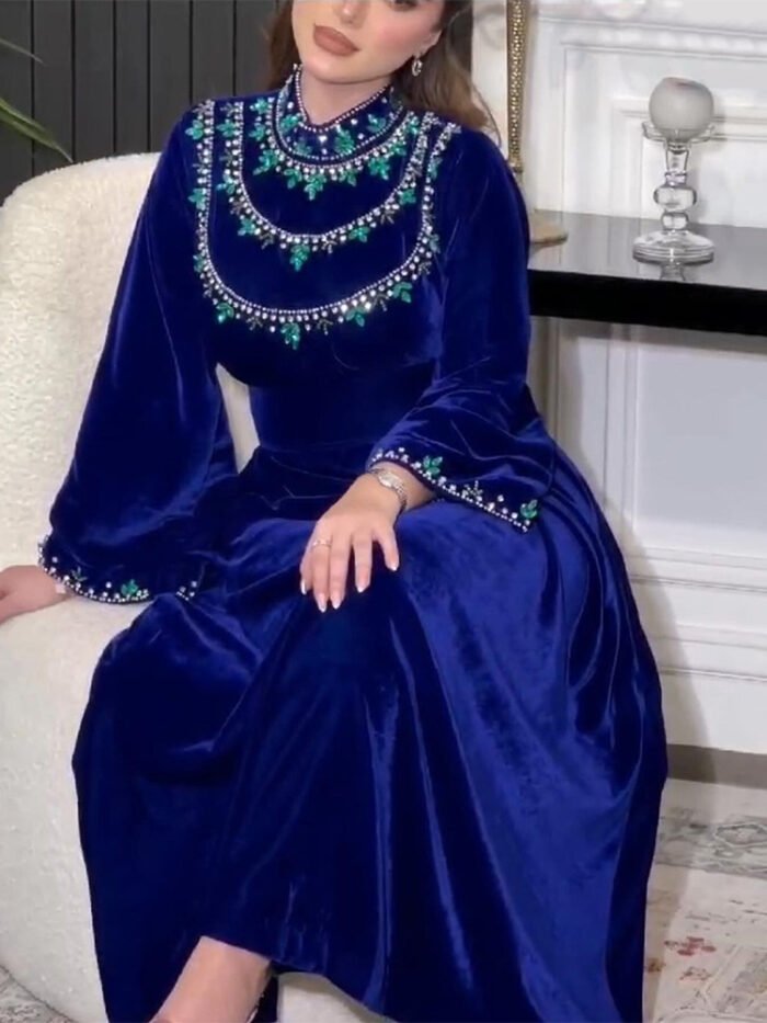 Alternative view of closed abaya, Velvet Zipper Green Drop-shaped Diamond