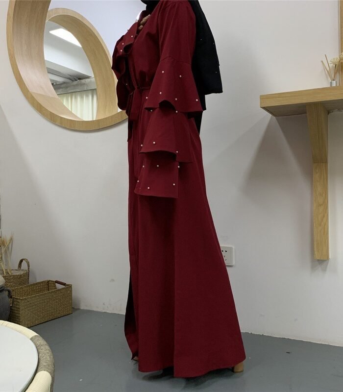 Alternative view of abaya open,  Fashion Bead Flare Sleeve Tie-neck Cardigan