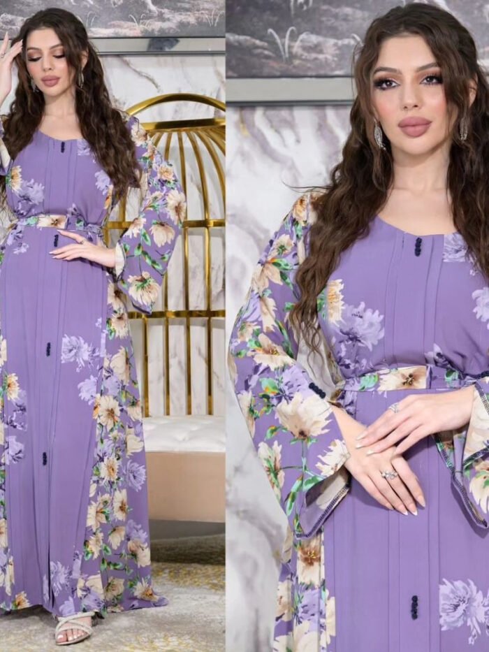 Alternative view of Elegant Islamic Dress – Flowing Ruffle Detail in Purple & Blue