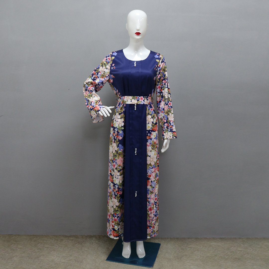 Elegant Islamic Dress – Flowing Ruffle Detail in Purple & Blue - Blue , L
