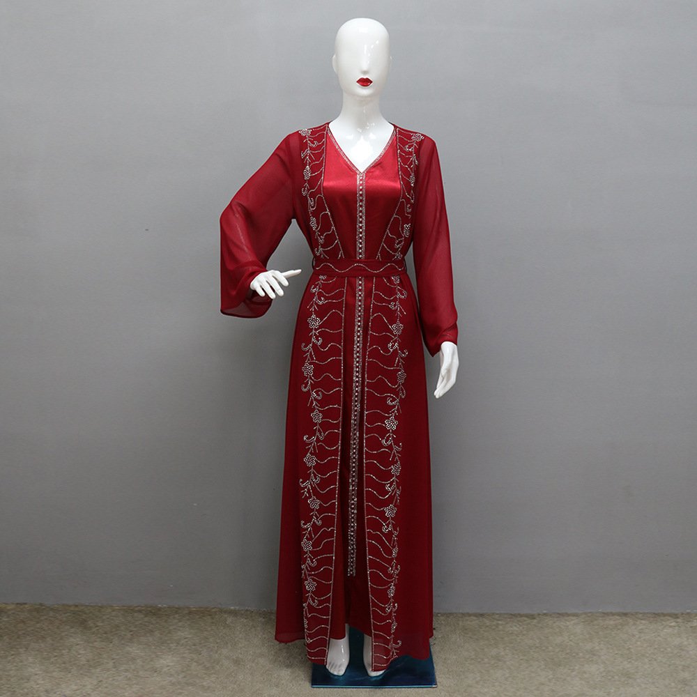 Timeless Women Fashion – Chiffon Suit-Inspired Long Skirt Dress - Wine Red , M