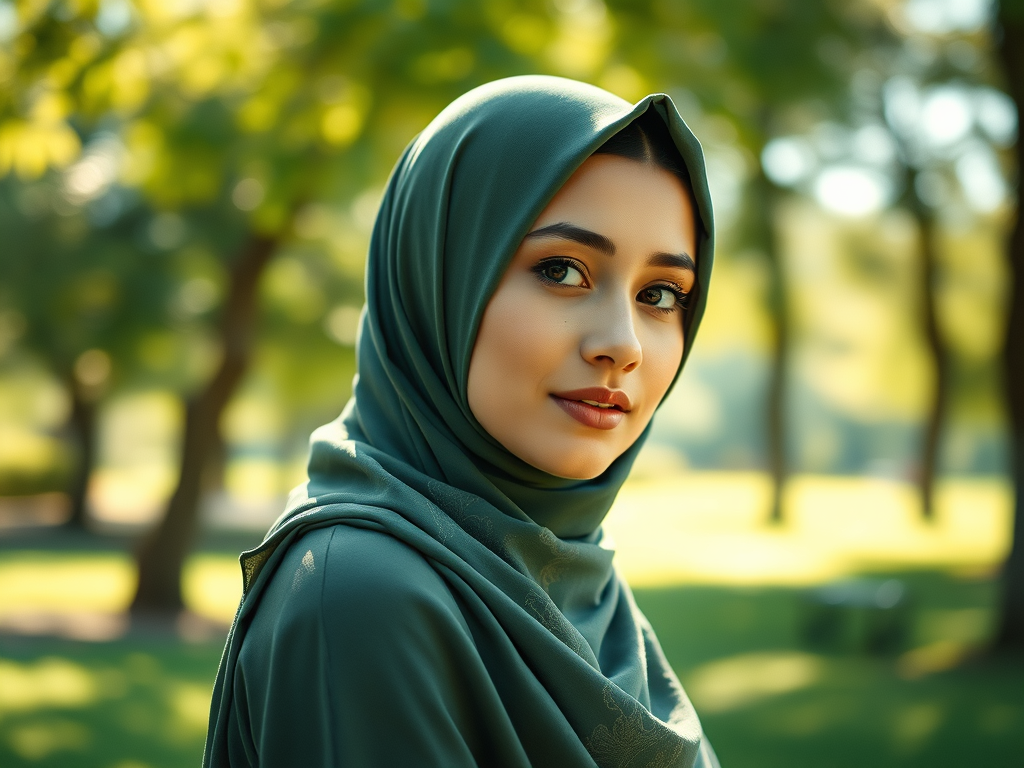 a woman wearing a green head scarf