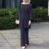 women Trousers Suit, Long Sleeve Belt Elastic Waist Top And Trousers Suit 17 a woman wearing a black outfit,women Trousers Suit