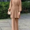 women Trousers Suit, Long Sleeve Belt Elastic Waist Top And Trousers Suit - Image 9