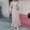 Abaya Fashion in USA, Small style Floral Dress 15 a woman wearing a dress and a scarf, Abaya Fashion in USA