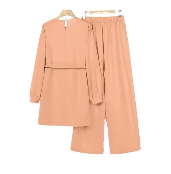 Alternative view of women Trousers Suit, Long Sleeve Belt Elastic Waist Top And Trousers Suit