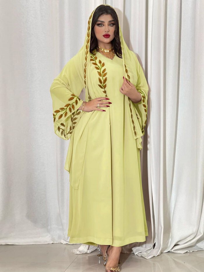Alternative view of Chiffon Long Muslim Embroidered Crew Neck Dress With Headscarf,fashion abayas