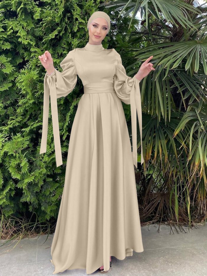 Alternative view of abaya style new,Women's New Stand Collar Satin Dress Tunic With Puff Sleeves