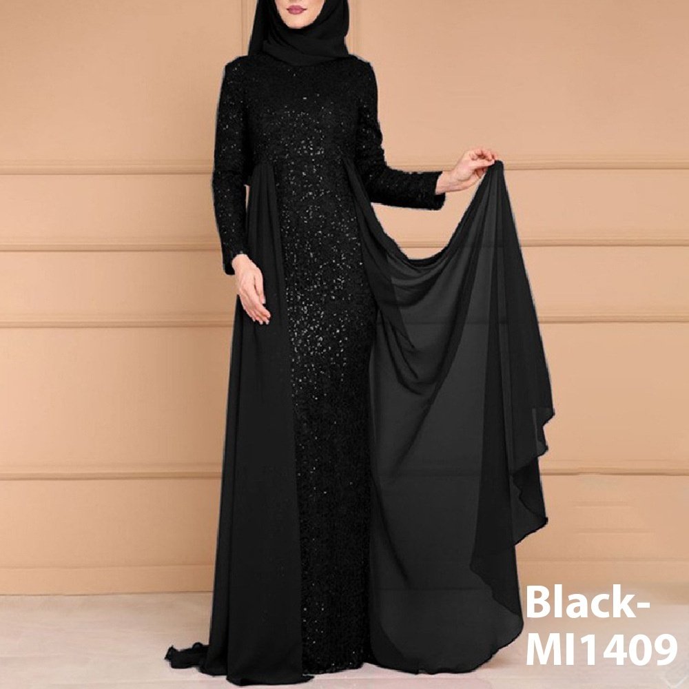 abaya style wedding dress,Sequin Elegant Slim-fit Long Sleeve Dress - Black , S