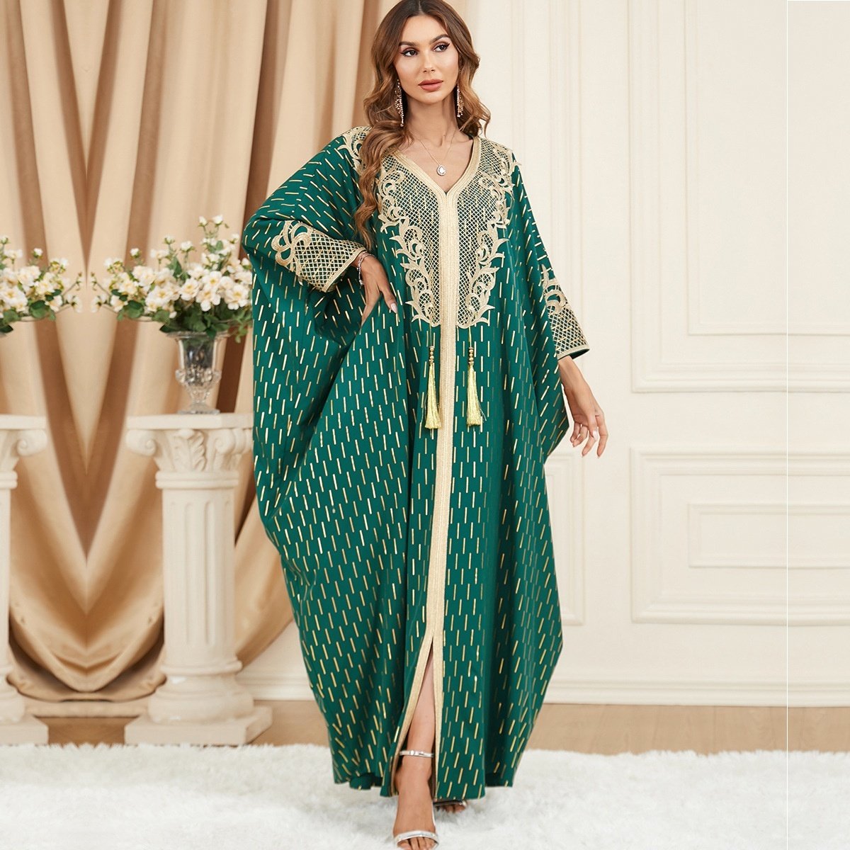 Sleeve Bow Tie Plus Size Tassel Split Dress,abaya websites - Green , Average Size