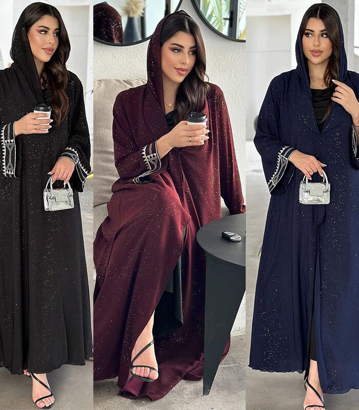 a collage of a woman in different outfits, abaya dresses