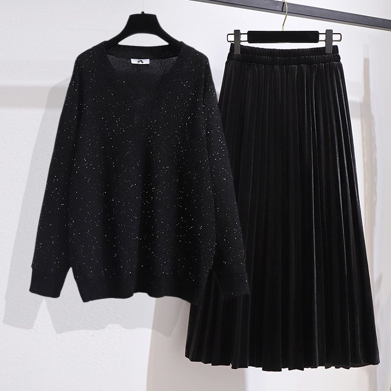 Fat Sister V-neck Sweater Korean Style Gold Velvet Skirt 1 Fat Sister V-neck Sweater Korean Style Gold Velvet Skirt