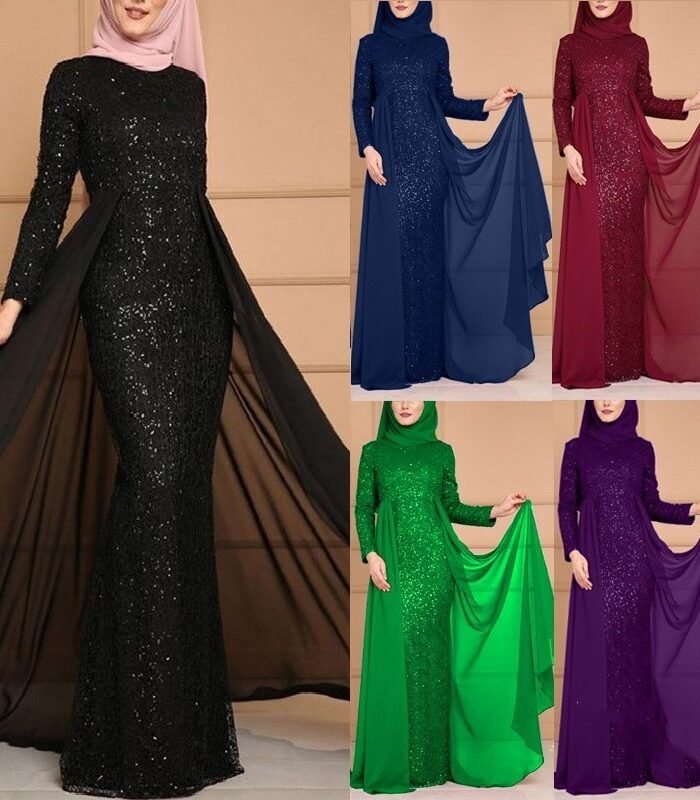 a woman in a dress, abaya style wedding dress
