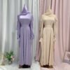 abaya style new,Women's New Stand Collar Satin Dress Tunic With Puff Sleeves - Image 3