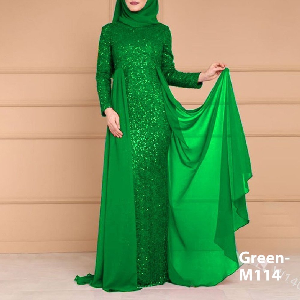 abaya style wedding dress,Sequin Elegant Slim-fit Long Sleeve Dress - Green , XXXL