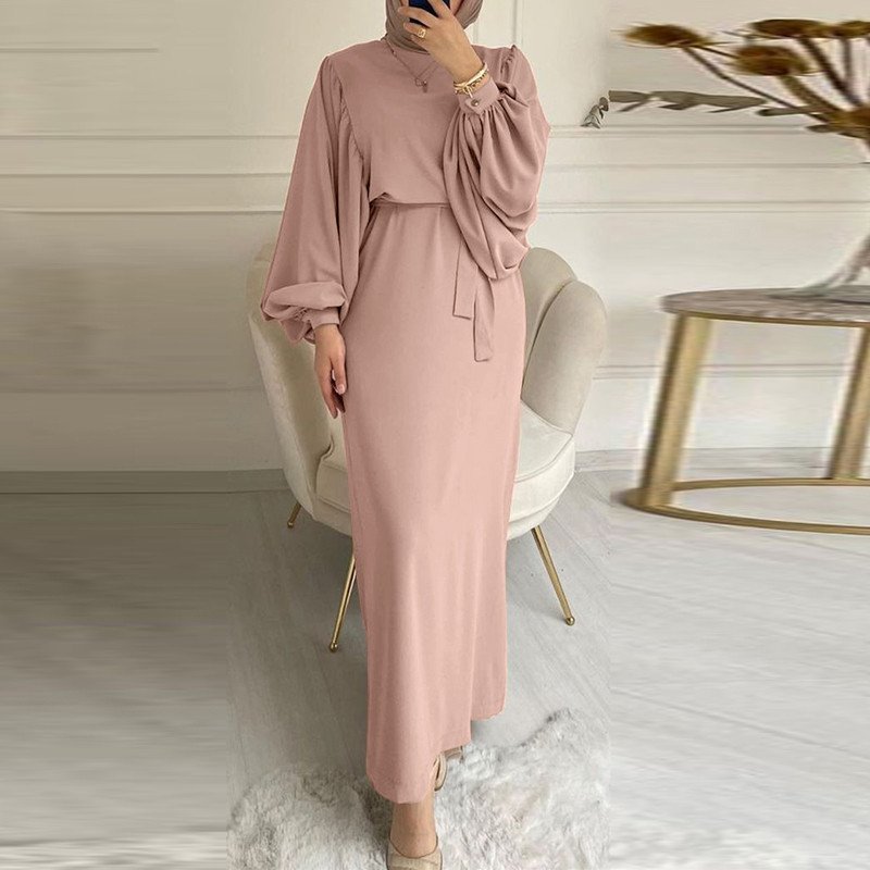 Solid Color Long Sleeve Casual Muslim Dress Robe  Dress,abaya usa - Pink , XXL