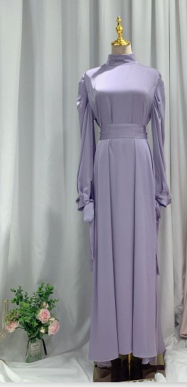 abaya style new,Women's New Stand Collar Satin Dress Tunic With Puff Sleeves - Light purple without turban , M