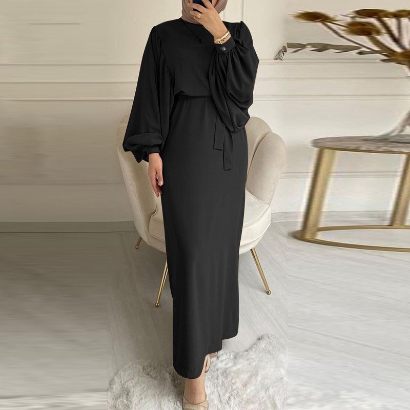 Solid Color Long Sleeve Casual Muslim Dress Robe  Dress,abaya usa - Black , M