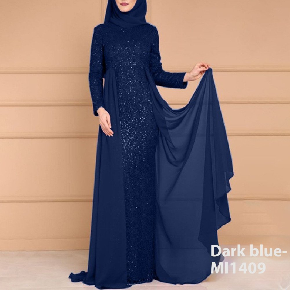 abaya style wedding dress,Sequin Elegant Slim-fit Long Sleeve Dress - Dark Blue , 4XL
