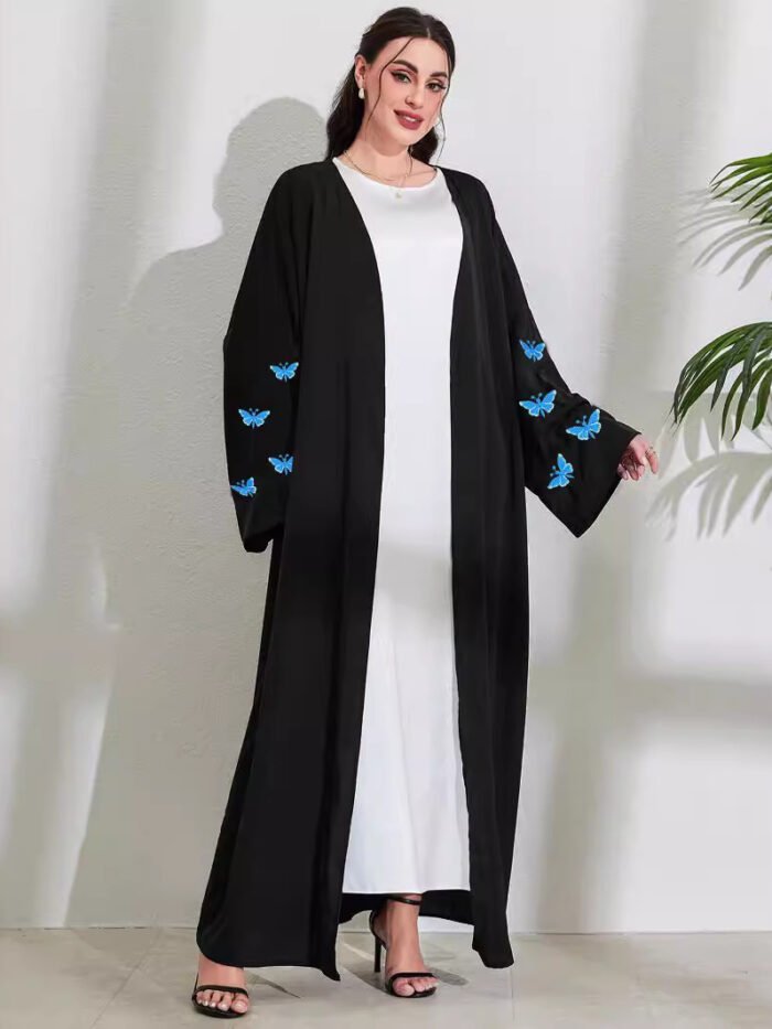 a woman in a long black robe, butterfly abayas, Plus Size Butterfly Abaya ,abaya butterfly