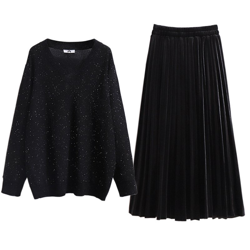 Fat Sister V-neck Sweater Korean Style Gold Velvet Skirt 6 Fat Sister V-neck Sweater Korean Style Gold Velvet Skirt - Image 6