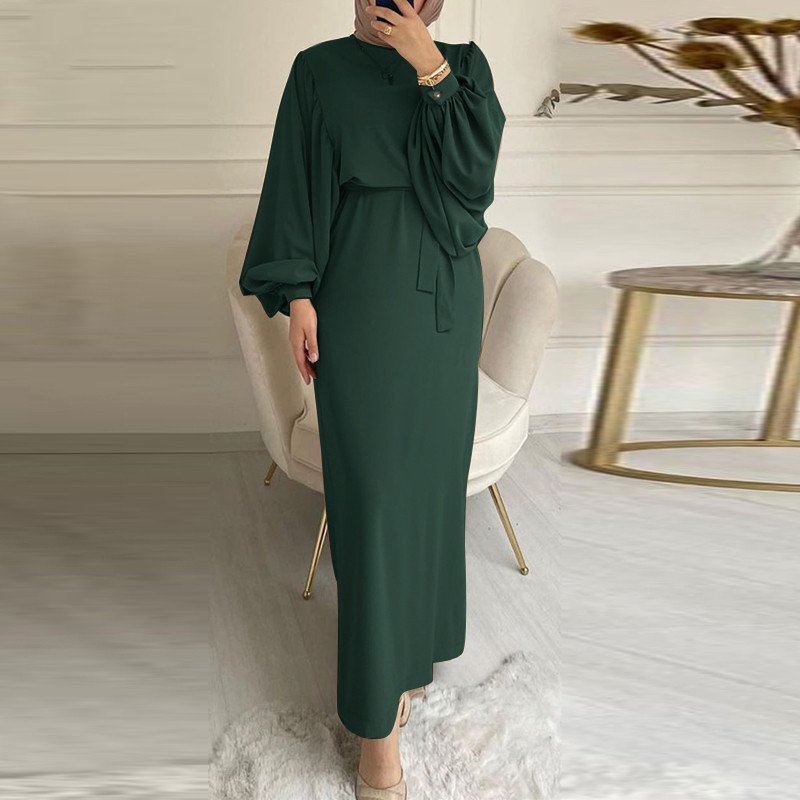 Solid Color Long Sleeve Casual Muslim Dress Robe  Dress,abaya usa - Green , L