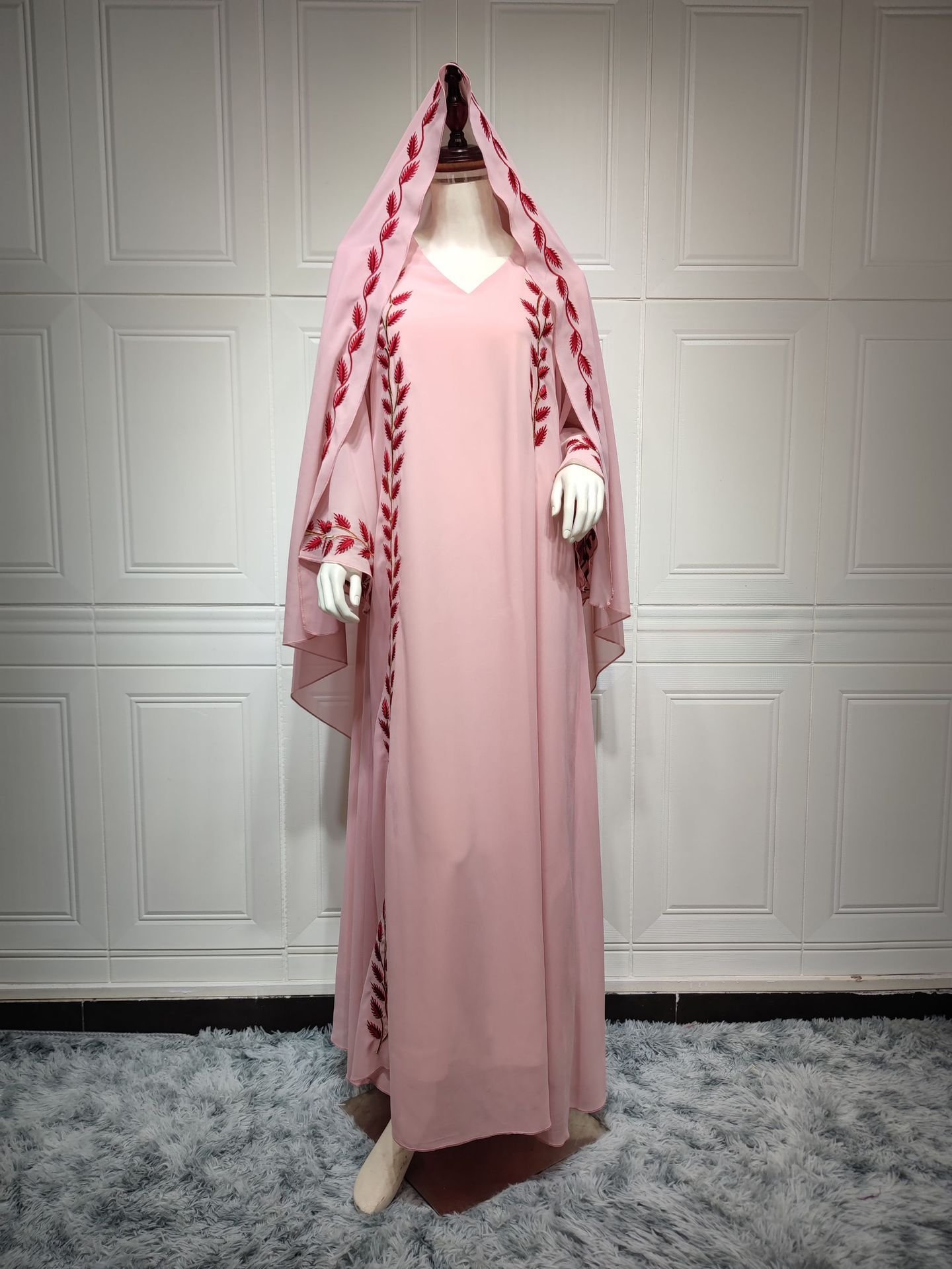 Chiffon Long Muslim Embroidered Crew Neck Dress With Headscarf,fashion abayas - Pink And Headscarf , XL