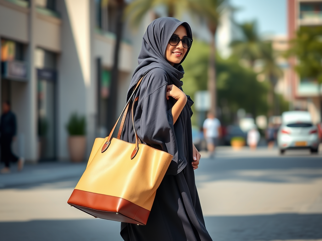10 Stylish Ways to Wear abaya open front for Any Occasion 4 woman wearing abaya open with a tote bag