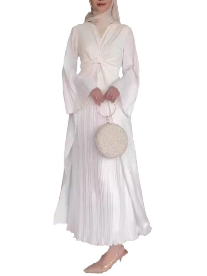 Alternative view of white modest dress,V-neck Pleat And Waisted Robe White Dress