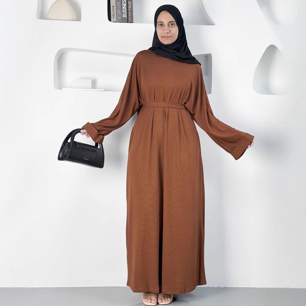 New Pure Color Tied Long Robe,muslim prom dresses - Brown , XSorS