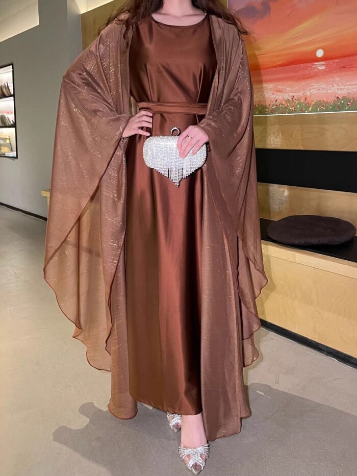 a woman in a brown dress, formal modest dresses