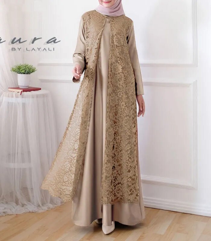 a woman in a dress, dress for hijab wear