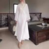 white modest dress,V-neck Pleat And Waisted Robe White Dress 12 a woman in a white dress, white modest dress