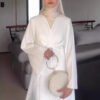 white modest dress,V-neck Pleat And Waisted Robe White Dress - Image 4