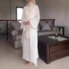 white modest dress,V-neck Pleat And Waisted Robe White Dress - Image 5