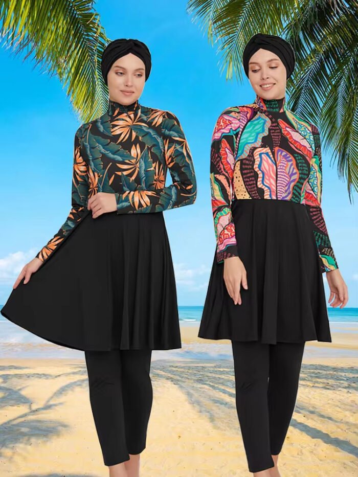 two women standing in front of a beach, muslim swimsuit for ladies
