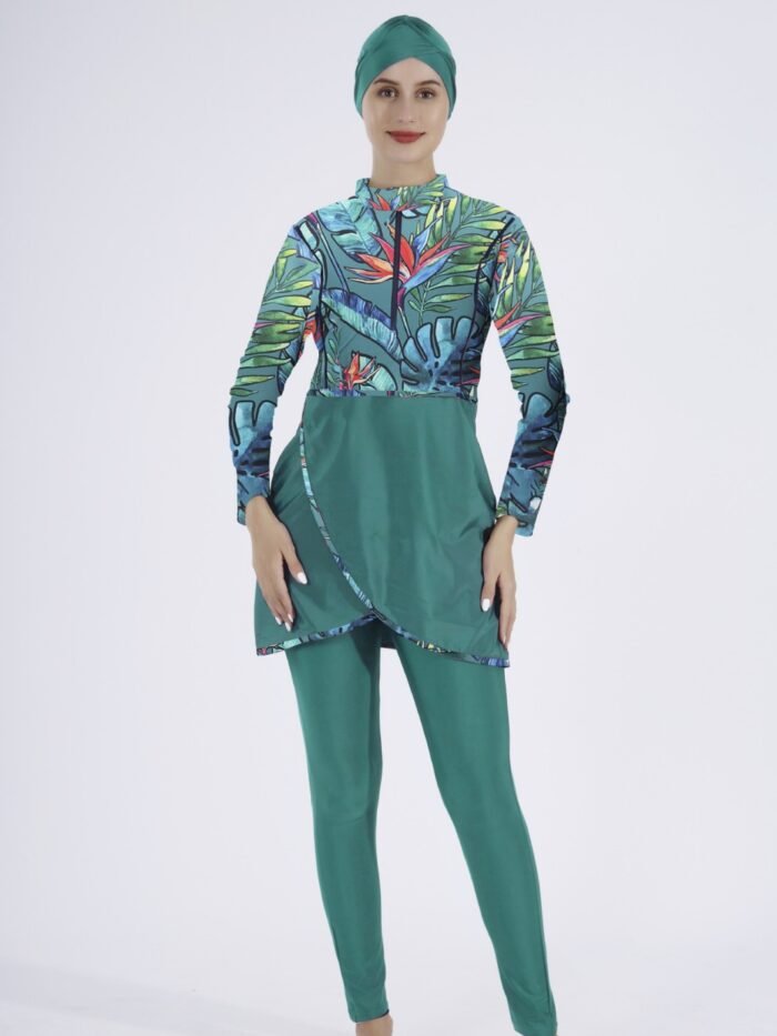 a woman in a green outfit, muslim female swimsuits