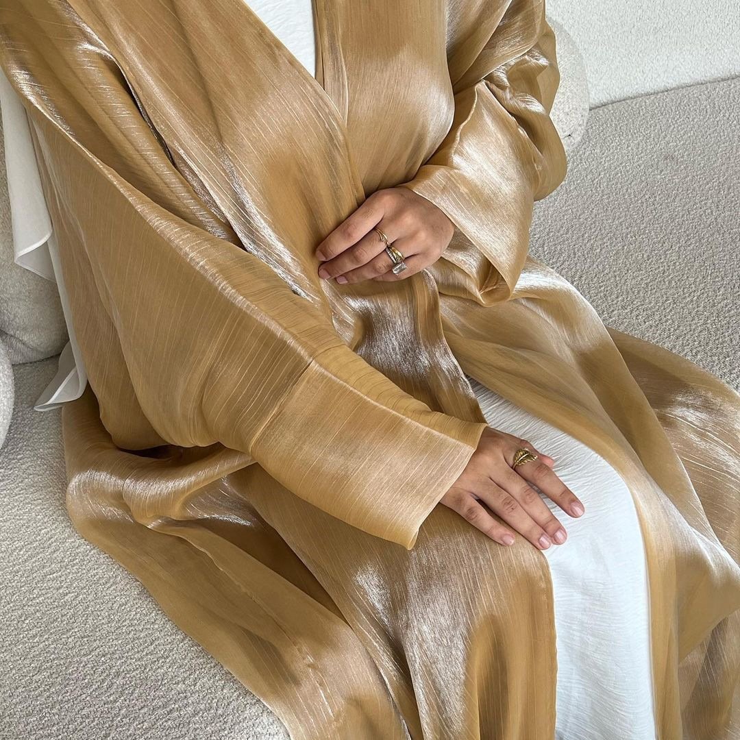 abaya store,Cardigan Women's Clothes Shiny Solid Color - Gold , Free Size