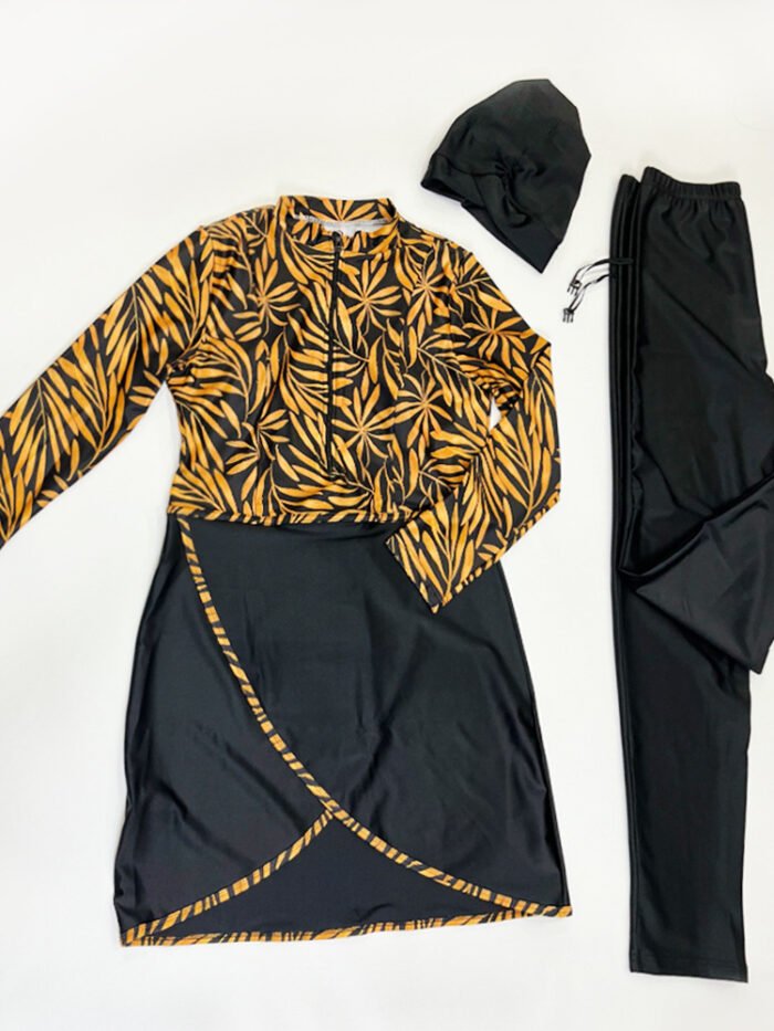 a black and yellow outfit,swim dress