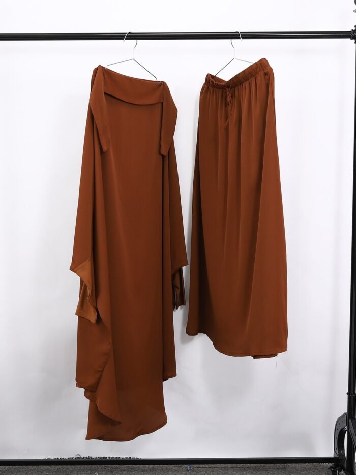 two brown skirts on a white wall, modest formal dresses