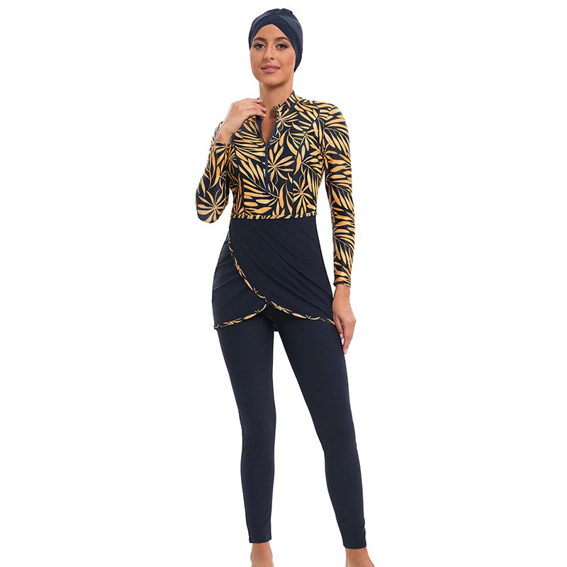Epic Bathing Suit with Dress: The Ultimate Three-Piece Set 1 a woman in a yellow and black outfit, bathing suit with dress