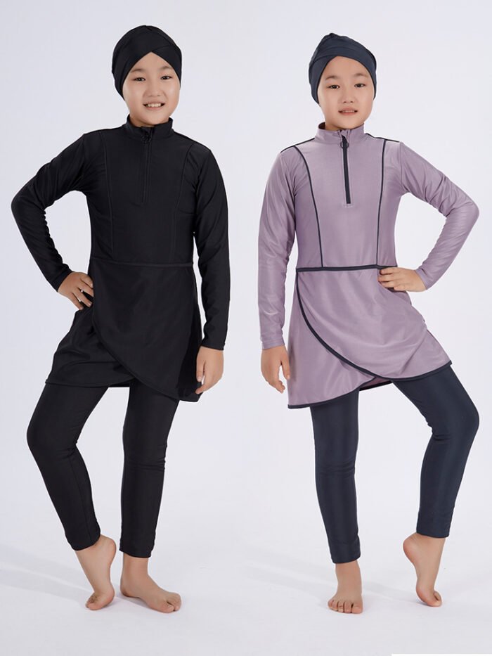 two children posing for a picture, muslim swimwear for kids