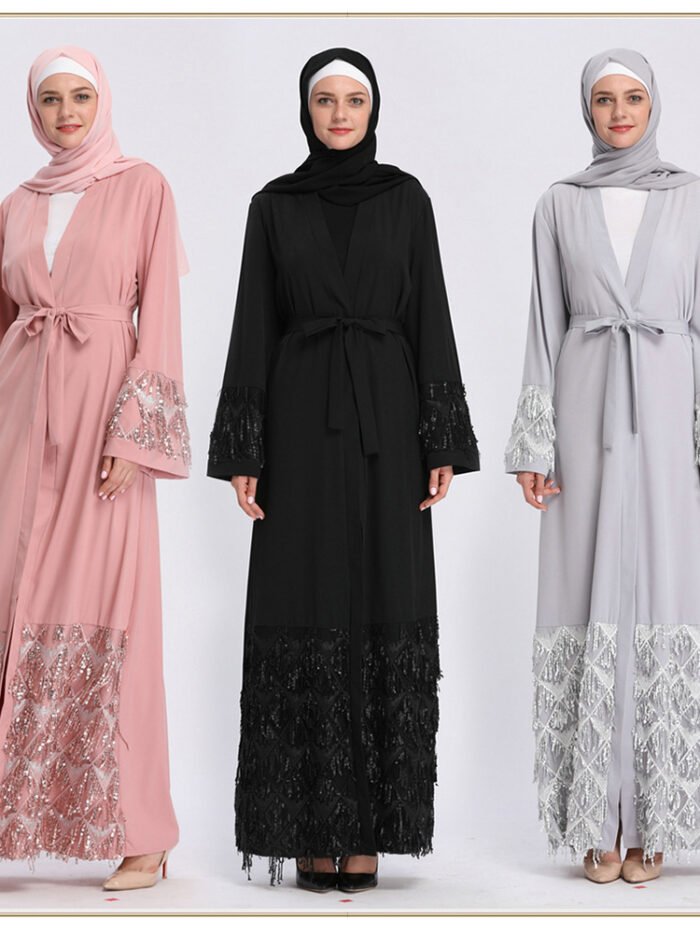 ✨ Affordable Elegance Open Abaya cheap – High-Waist Commuter Style with Lace & Sequins