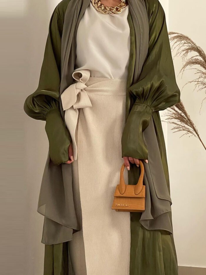 Alternative view of 🌿 VelvetAir Summer Soft Abaya – Lightweight Spliced Modestwear in Military Green