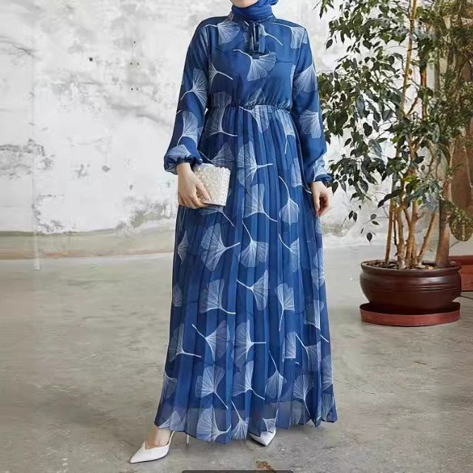 Graceful Islamic Clothing Women – Pleated Long Dress with Leaf Motif - Sapphire Blue , XL